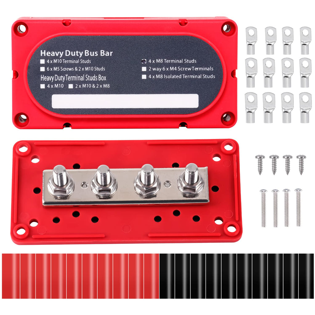  [AUSTRALIA] - Ailbiuko 300A Bus Bar Box Heavy Duty Module 5/16" Battery Power Distribution Block with 12pcs Cable Lugs and 20pcs Heat Shrink Tubing (Red M8) red