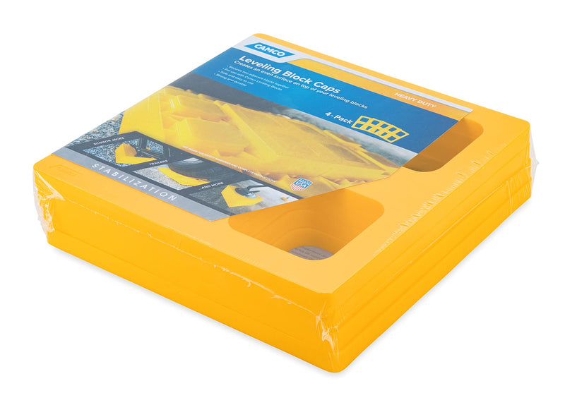 Camco Durable Leveling Block Caps - Securely Fits on Top of Your Leveling Blocks to Create An Even Surface Without Increasing Stack Height - 4 Pack (44500) , Yellow Leveling Block Caps - 4 Pack Standard Packaging - LeoForward Australia