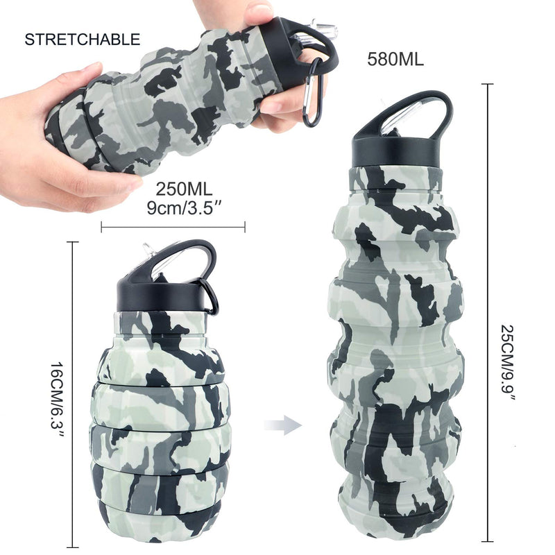  [AUSTRALIA] - know Collapsible Travel Water Bottle18oz, Reuseable BPA Free Silicone Foldable Water Bottles for Gym Camping Hiking, Portable Leak Proof Sports Water Bottle with Carabiner Camo