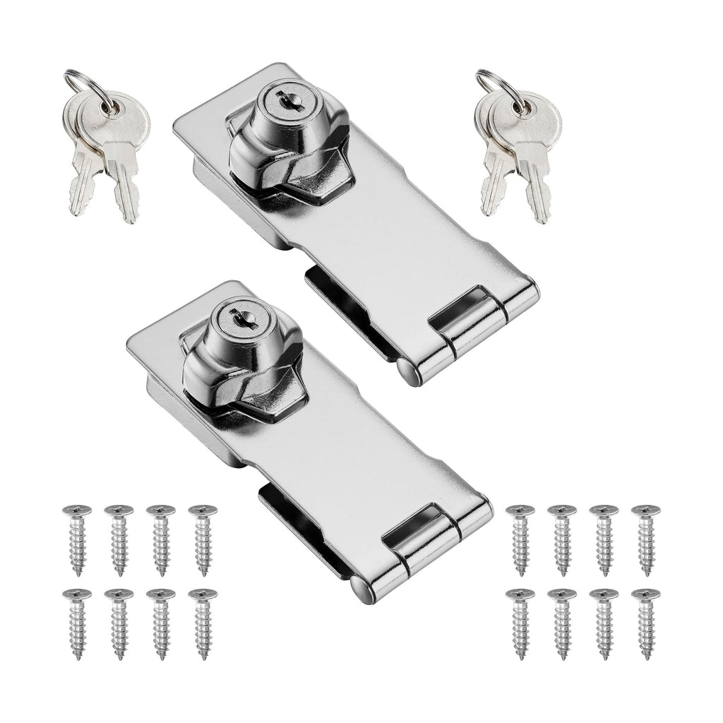  [AUSTRALIA] - 2 Pack 4 Inch Keyed Hasp Locks Twist Knob Keyed Different Locking Hasp for Small Doors, Stainless Steel Chrome Plated Hasp Lock Catch Latch Silver