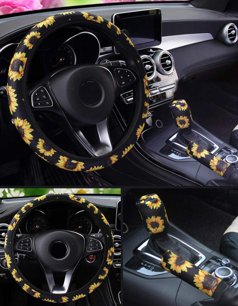  [AUSTRALIA] - i-Will Flower Floral Printed Steering Wheel Cover Stretch-on Fabric Anti-Slip and Sweat-Absorption 15 Inch Car Wrap Cover Universal Fit + Gear Shift Cover + Handbrake Cover (Sunflower) Sunflower