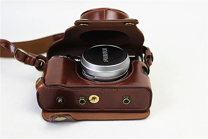  [AUSTRALIA] - Full Protection Bottom Opening Version Protective PU Leather Camera Case Bag for Fujifilm x100f with Shoulder Strap Dark Brown