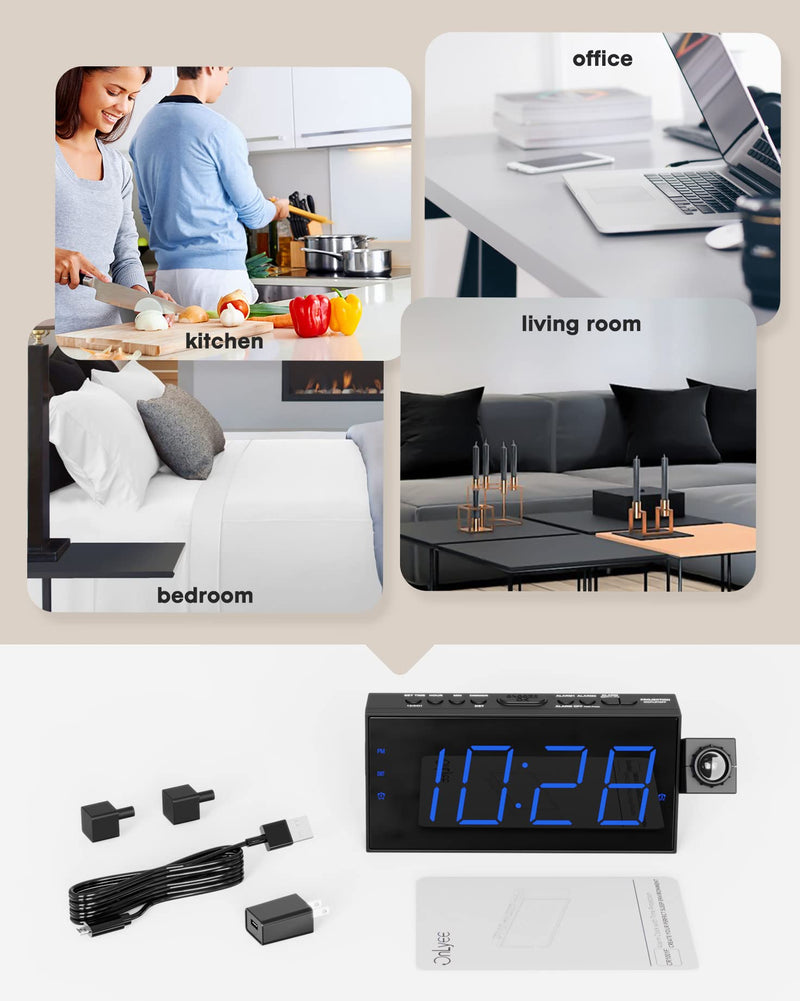  [AUSTRALIA] - Projection Alarm Clock for Bedroom,LED Digital Clock Projection on Ceiling Wall with USB Phone Charging,Battery Backup,180°Projector& Dimmer,12/24H,DST,Snooze,Dual Loud Bedside Clock for Heavy Sleeper Blue