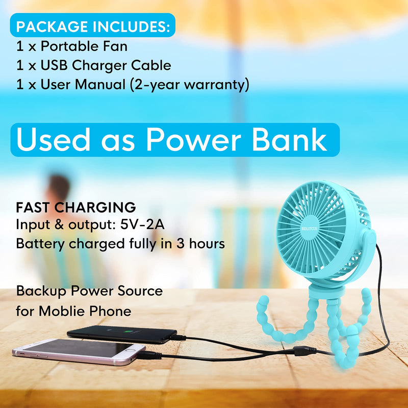 Portable Stroller Fan, 42H 10000mAh Battery Operated Fan Flexible Tripod Clip On Small Fan for Baby Stroller/Carseat/Golf Cart/Camping/Travel, Handheld Personal Cooling Baby Fans, Used As Power Bank Blue - LeoForward Australia