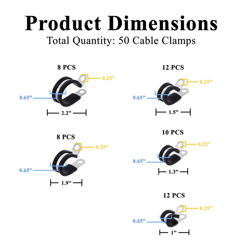  [AUSTRALIA] - Mandala Crafts Cable Clamps – Wire Clamps for Electric Wires - Stainless Steel Rubber P Clamp R-Type Cable Clamp Kit for Brake Line 1/4 3/8 1/2 3/4 1 Inch 50 PCs