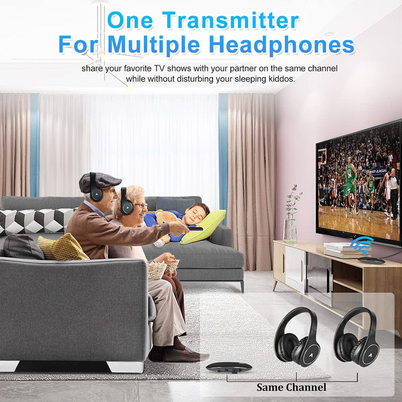 Wireless Headphones for TV Watching, Folding Over Ear Headphones with 2.4GHz RF Transmitter Support Optical RCA AUX, No Audio Delay, 100ft Wireless Range (Black) - LeoForward Australia