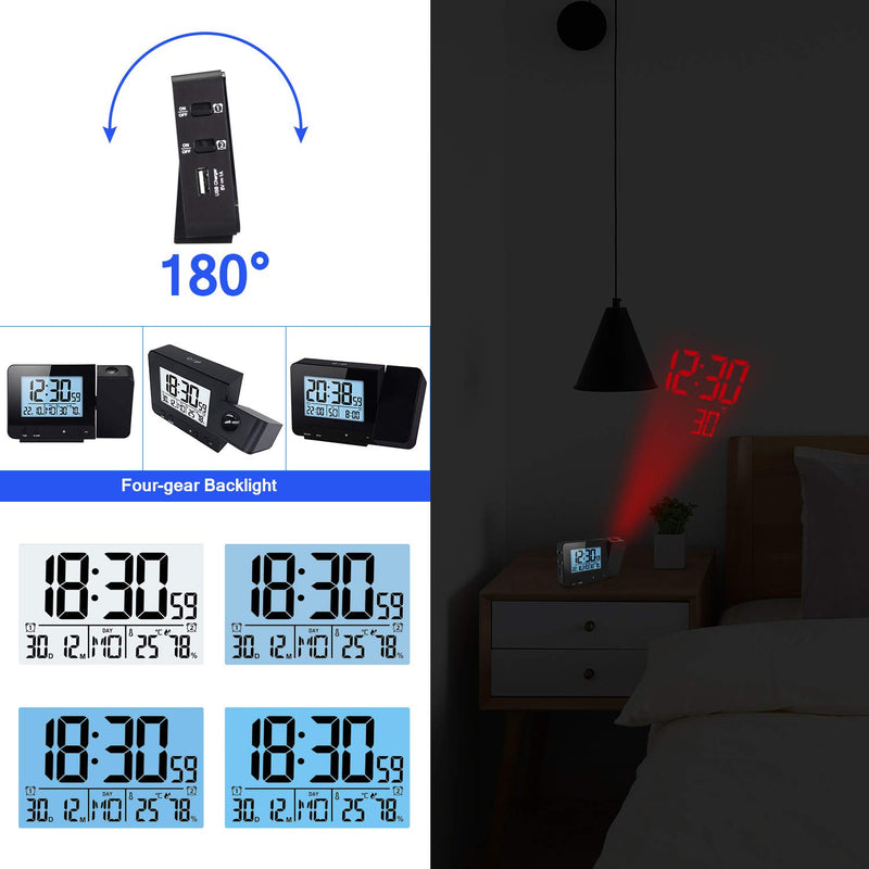  [AUSTRALIA] - Sunsbell LED Projection Digital Atomic Clock, Digital Projection Backlight Battery Powered Rotate Alarm Clock for Home Bedroom Decor Black