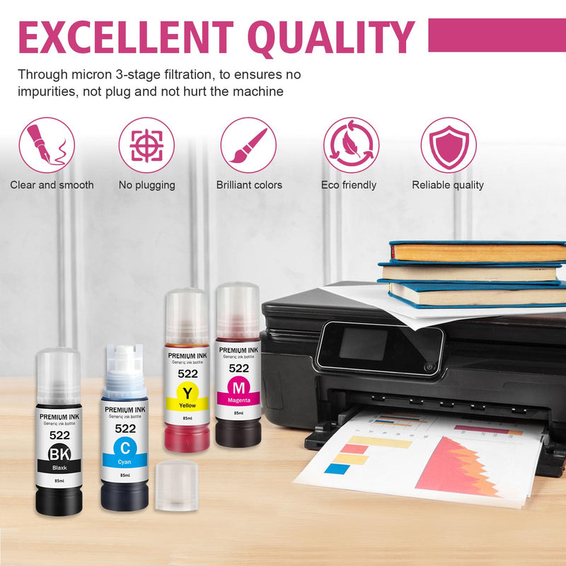  [AUSTRALIA] - 522 Ink Refill Bottles (Non-Sublimation Ink) Replacement for Epson 522 T522 Refill Ink Refill Bottles, Compatible with Use for EcoTank ET-2803 ET-2800 ET-2720 ET-4700 ET-4800 Printer