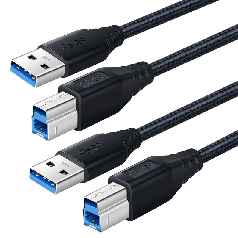  [AUSTRALIA] - OKRAY USB A to USB B 3.0 Cable 2Pack 6FT Superspeed Type A to B Male to Male Cable Nylon Braided USB-A to USB-B Cord for USB Hub/External Hard Drivers/Docking Station/Scanner/Monitor/Printer (Black) Black,Black