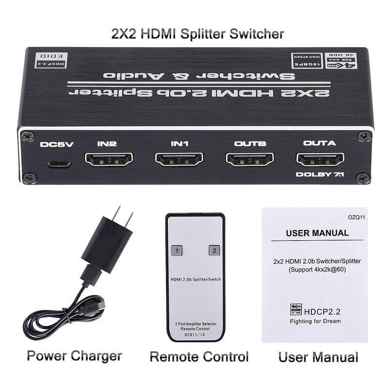  [AUSTRALIA] - HDMI Switch 2x2, 2 Ports HDMI Switch Splitter 2 in 2 Out with IR Remote Control, Support HDMI 2.0, HDCP 2.2, Ultra HD, 4K x 2K@60Hz, 3D, 1080P (Dual Monitors Duplicate/ Mirror Only)