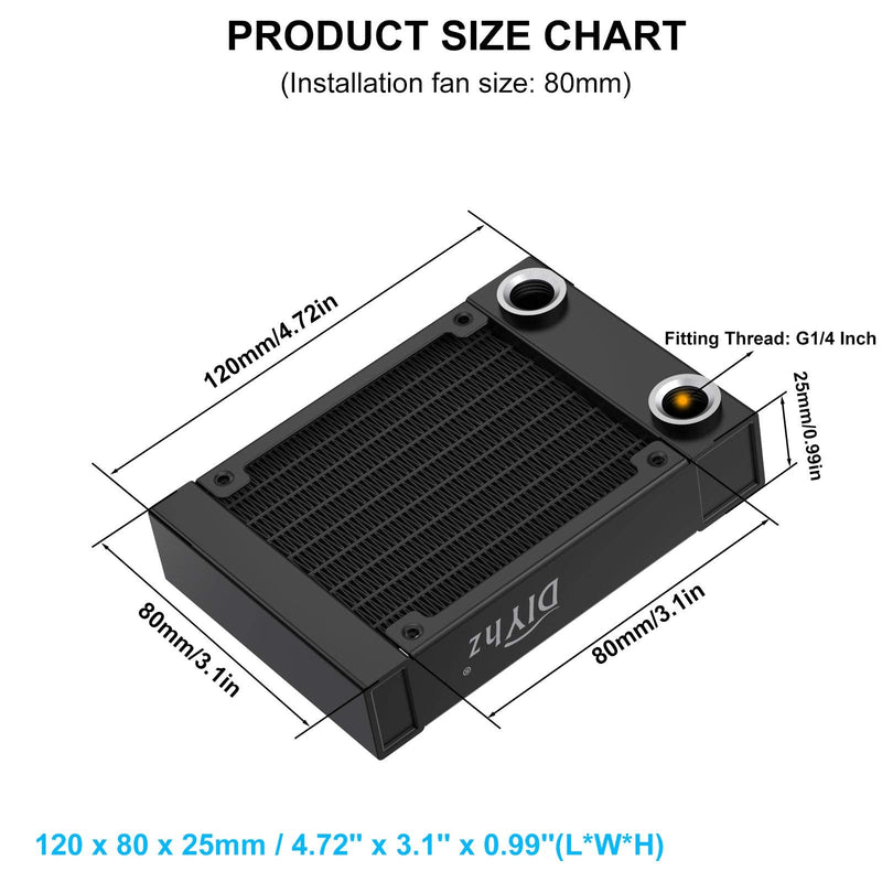  [AUSTRALIA] - DIYhz Water Cooling Computer Radiator, 8 Pipe Aluminum Heat Exchanger Liquid Cooling Radiator G1/4 Thread Heat Row Sink 80mm for CPU PC Laser Water Cool System DC12V Black G1/4-80mm