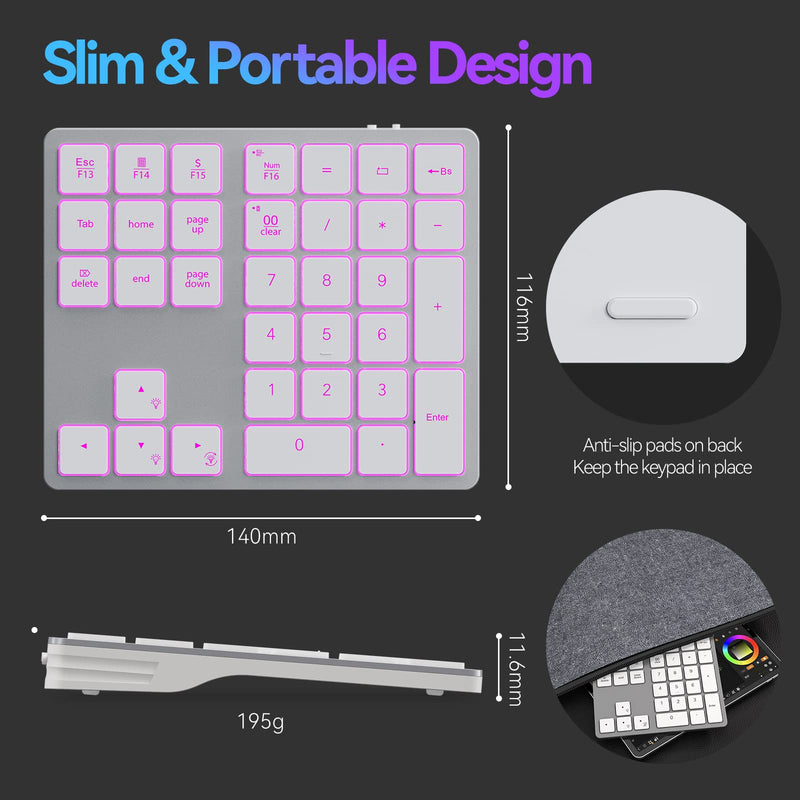  [AUSTRALIA] - Doohoeek Backlit Bluetooth Numeric Keypad for Laptops and Computers, Number Pads 34 Keys with 7-Color Backlight for MacBook & Windows, Silver White
