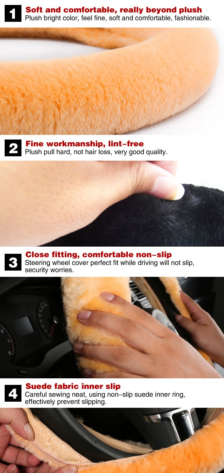  [AUSTRALIA] - Tianmei Soft Faux Wool Winter Car Stretch-On Steering Wheel Cover (Diameter 13.7in-15.7in,Plush Black) Plush Black - Diameter 13.7in-15.7in