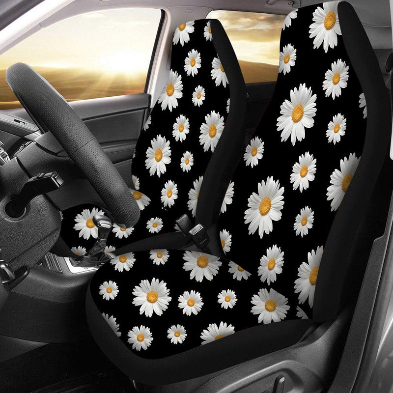  [AUSTRALIA] - FUSURIRE Floral Daisy Black Premium Quality Saddle Blanket Auto Seat Covers for Front of 2 pc,Vehicle Seat Protector Car Mat Covers Universal Fit for Trucks Sedan SUV Jeep