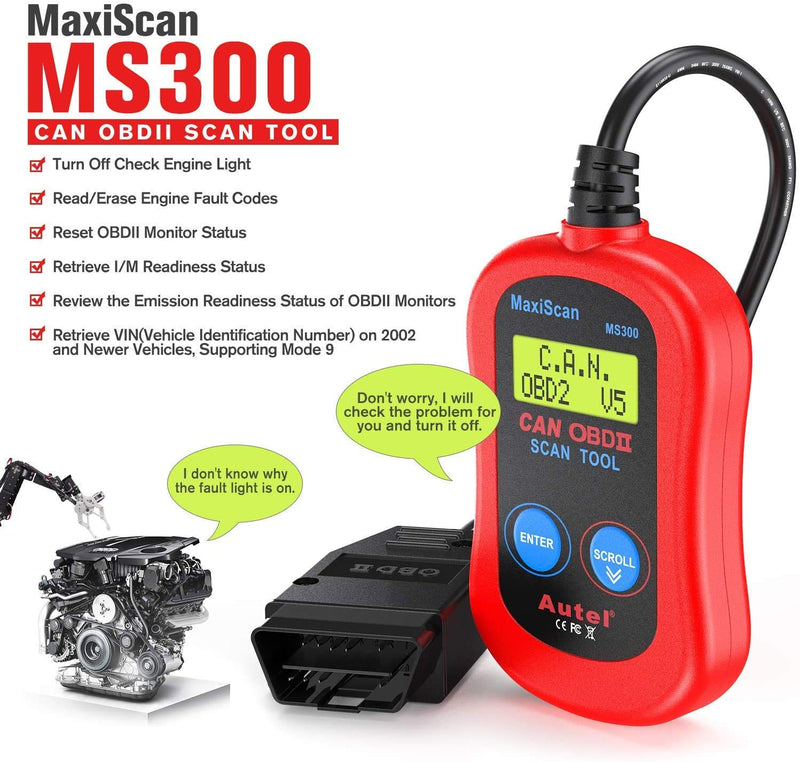  [AUSTRALIA] - Autel MS300 Universal OBD2 Scanner Car Code Reader, Turn Off Check Engine Light, Read & Erase Fault Codes, Check Emission Monitor Status CAN Vehicles Diagnostic Scan Tool