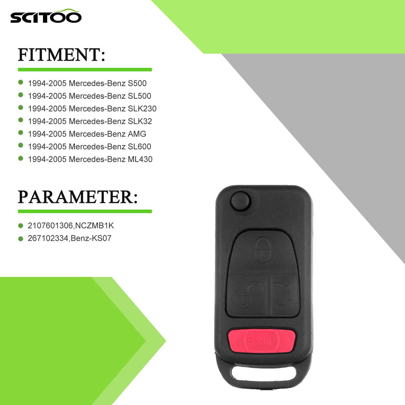 SCITOO 1X 4 Button Uncut Key Fob Keyless Entry Remote Shell CASE & Pad fit for Mercedes-Benz AMG SL600 AMG S500 SLK230 SLK32 ML430 94-05 (NCZMB1K 267102334) black - LeoForward Australia