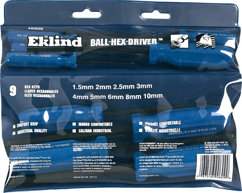  [AUSTRALIA] - EKLIND 90609 Ball-Hex (allen) Screwdriver - 9pc set Metric MM sizes 1.5-10