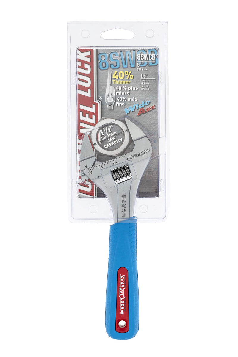  [AUSTRALIA] - Channellock 8SWCB Slim Jaw 8-Inch WideAzz Adjustable Wrench | 1.5-Inch Jaw Capacity | Precise Design Grips in Tight Spaces | Measurement Scales for Easy Sizing of Diameters | CODE BLUE Comfort Grip