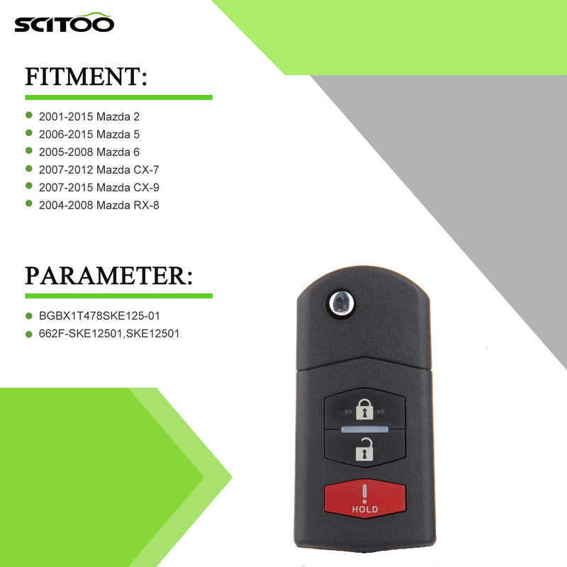  [AUSTRALIA] - SCITOO Flip Key Fob Replacement fit for 1 PC Keyless Entry Kit 1X3 Button 2007-2012 Mazda CX-7 CX7 SKE12501H