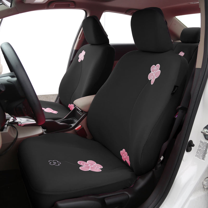  [AUSTRALIA] - FH Group FB053BLACK102 Seat Cover (Flower Embroidery Airbag Compatible (Set of 2) Black) Black Half Set