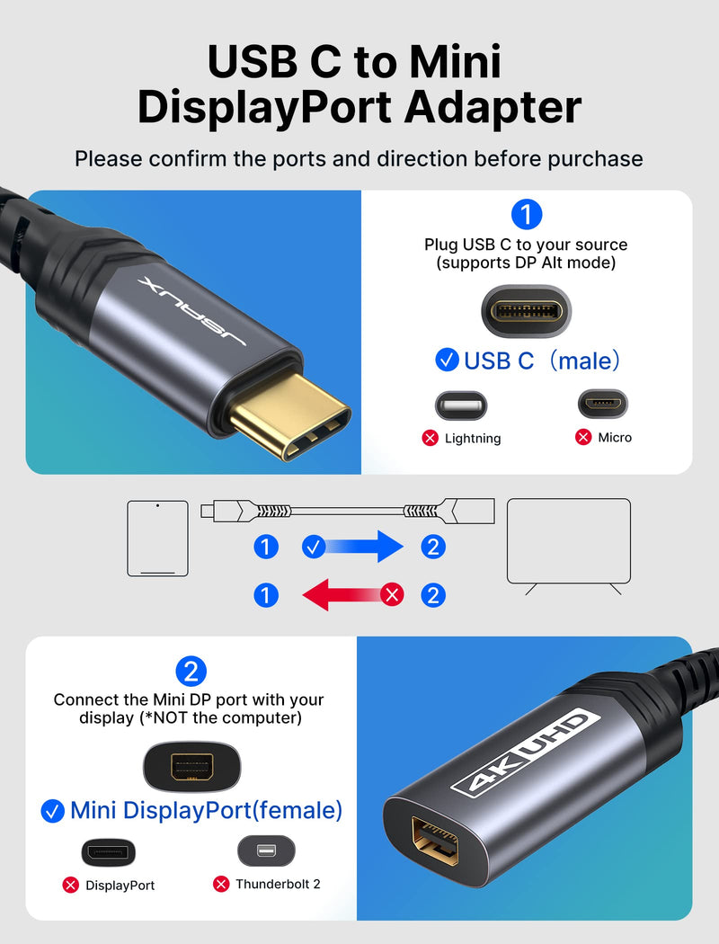  [AUSTRALIA] - USB Type C to Mini DisplayPort Adapter 4K@60Hz, JSAUX C to Mini Display Port Dongle Cable, Compatible with MacBook Pro 2019 2018, Dell XPS, Samsung Galaxy S21 S20 Plus-Grey Grey