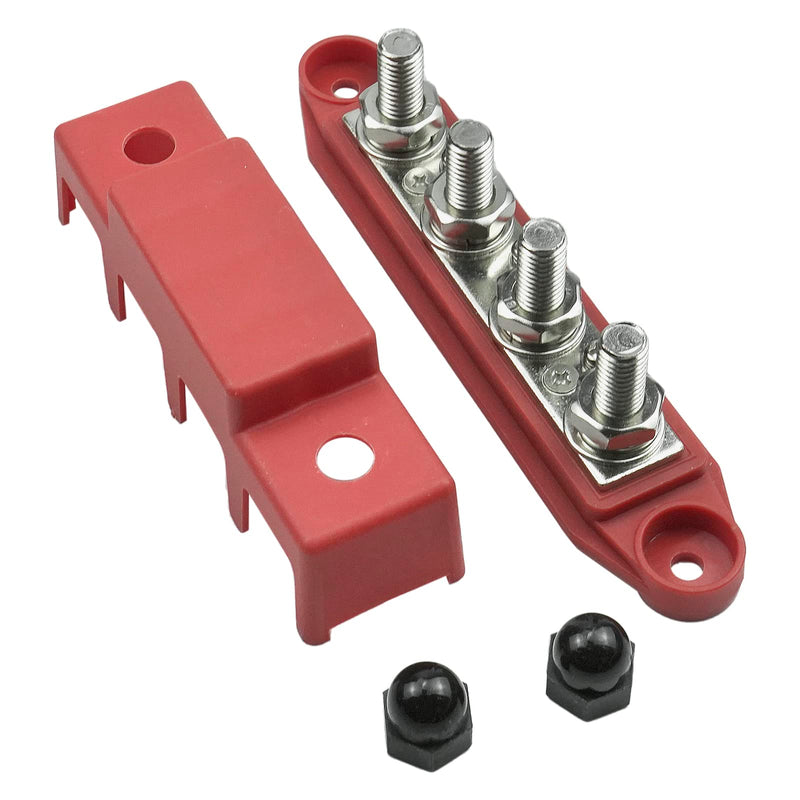  [AUSTRALIA] - 4-Column Distribution Block Busbar 4×3/8 (M10) Screw Terminals with lid 250 AMP Rating for Automotive, Marine and Solar Cabling (Red) 3/8 Red