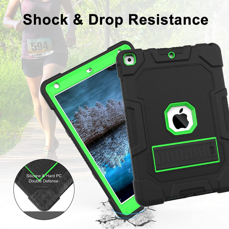  [AUSTRALIA] - TIMISM iPad 9th Generation Case, iPad 8th/7th Generation Case, iPad 10.2 2021/2020/2019 Case, 3 in 1 Heavy Duty Shockproof Hybrid Three Layer Protective Cover with Kickstand (Black+Green) #01 Black+Green