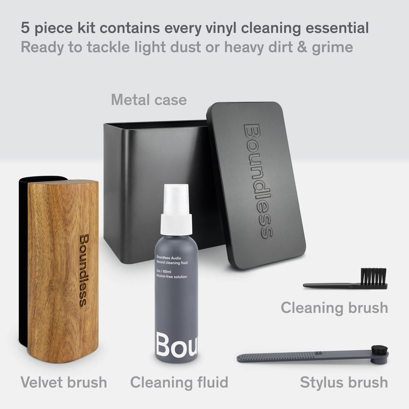  [AUSTRALIA] - Boundless Audio Record Cleaning Kit - Vinyl Record Cleaner Brush Bundle with Velvet Record Brush, Stylus Brush, Record Cleaning Solution, Cleaning Brush & Metal Case - 6 Piece Vinyl Cleaning Kit