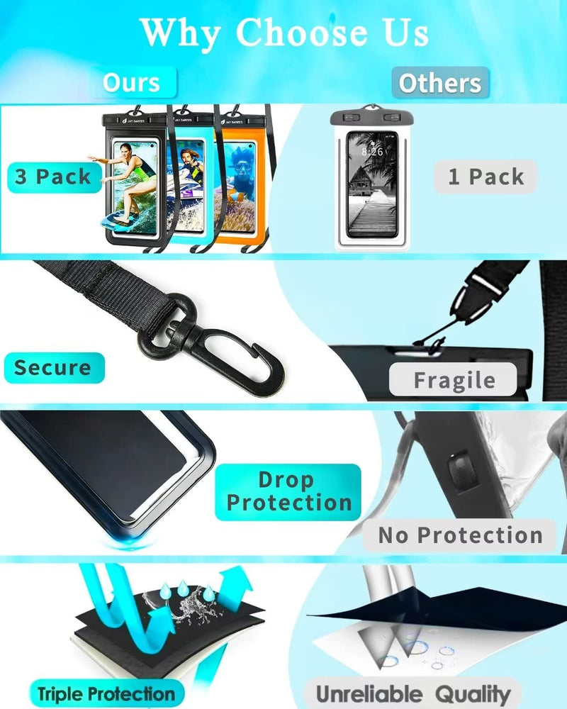  [AUSTRALIA] - Universal Waterproof Phone Pouch 3 Pack, IPX8 Phone Water Protector Pouch Case Bag Lanyard Compatible iPhone 14 13 12 Pro Max Samsung Galaxy S22, Waterproof Phone Holder Protector for Beach Swimming Glossy Black+Green+Orange