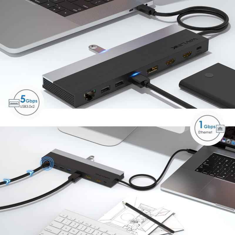  [AUSTRALIA] - Wavlink USB C Docking Station 4K Triple Monitor with 85W Power Delivery, USB C Dock Compatible for Dell MacBook Pro HP Lenovo and PCs (2 HDMI, DP, Ethernet, 4 USB Ports, Audio, SD/TF Card) Triple Display 4K