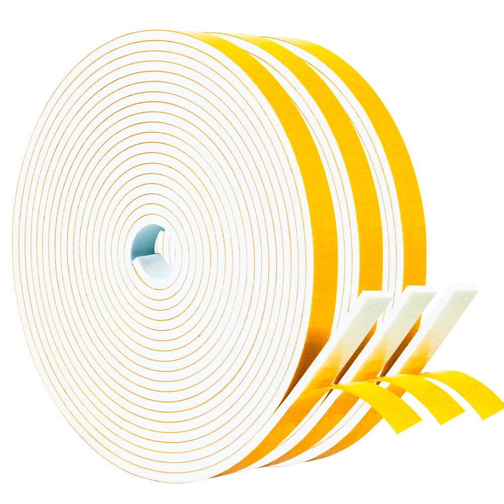  [AUSTRALIA] - Yotache White Doors Windows Weather Stripping 3 Rolls 3/8 Inch Wide X 1/8 Inch Thick, Foam Insulation Sealing Gasket Tape for Doors, Sliding Door, Total 50 Feet Long (3 X 16.5 Ft Each) 3/8" W x 1/8" T