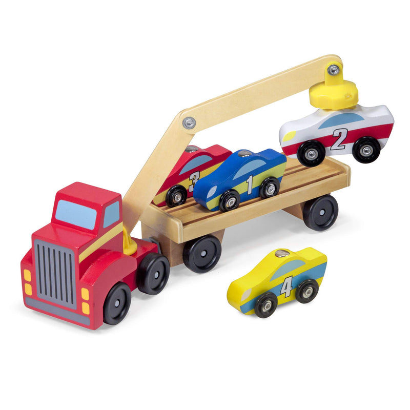 Melissa & Doug Magnetic Car Loader Wooden Toy Set With 4 Cars and 1 Semi-Trailer Truck - LeoForward Australia