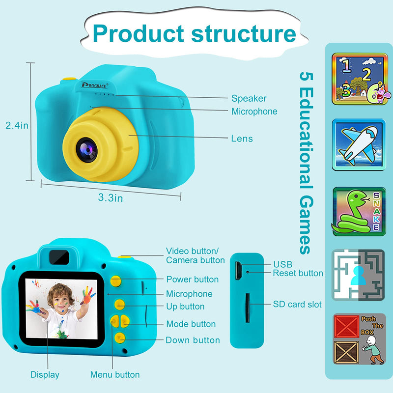  [AUSTRALIA] - PROGRACE Kids Camera Boys Toy - Camera for Kids Boys Birthday Gifts 3 4 5 6 7 8 9 10 Year Old Children Toy Toddler Video Digital Camcorder IPS 2 Inch Blue