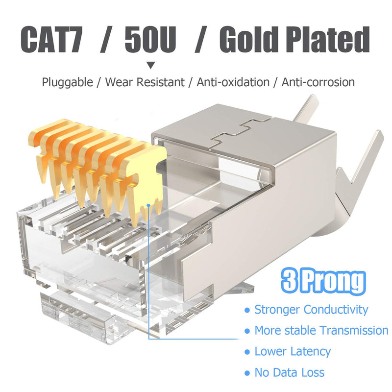  [AUSTRALIA] - 50-Pack Aucas CAT7 RJ45 Connector Metal Shielded Gold Plated 8P8C Ethernet Connector Modular Network Plug Connector (Wire Hole 1.45mm/0.057in) Cat7(1.45mm wire) -two piece set