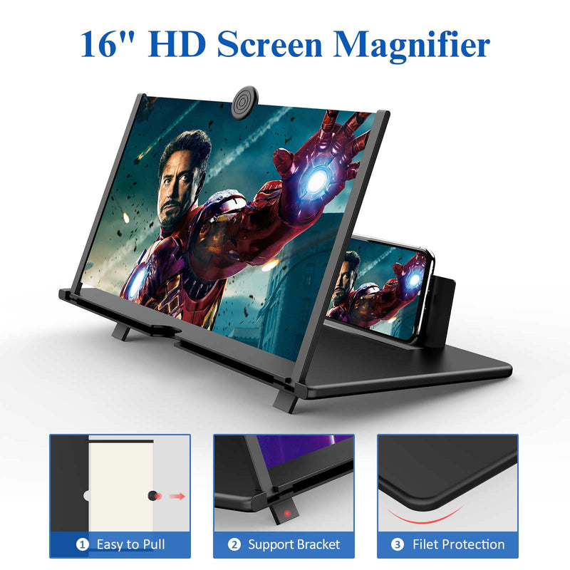  [AUSTRALIA] - 16" Screen Magnifier -3D HD Mobile Phone Magnifying Projector Screen Enlarger for Movies, Videos and Gaming – Foldable Phone Stand Holder with Screen Amplifier–Compatible with All Smartphones Black-16 inch