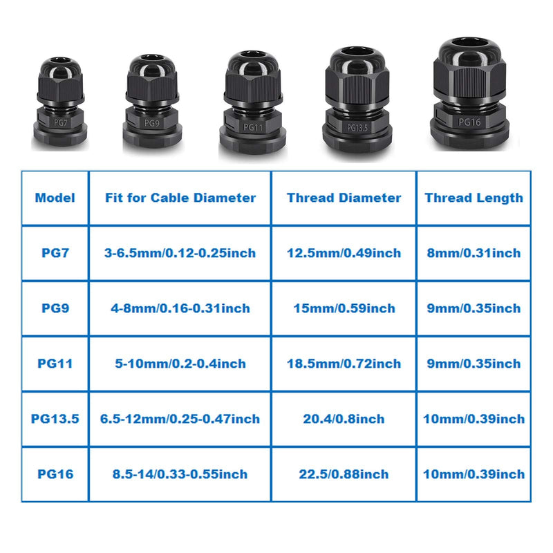  [AUSTRALIA] - NineLeaf 5 Different Sizes Cable Gland, 4 Connectors of Each Size IP68 Waterproof Adjustable Cable Connectors Adjustable 3-13mm Cable Glands Joints with Gaskets -PG7, PG9, PG11, PG13.5, PG16