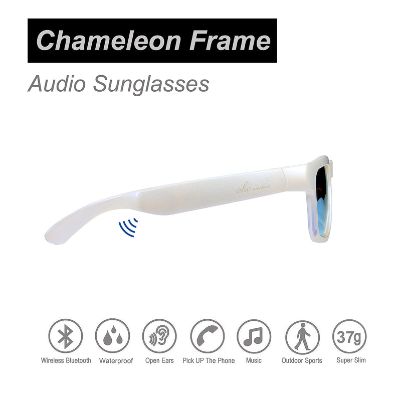  [AUSTRALIA] - OhO Bluetooth Sunglasses, Voice Control and Open Ear Style Listen Music and Calls with Volume UP and Down, Bluetooth 5.0 and IP44 Waterproof for Outdoor Chameleon Light Blue - Mirror Blue Lens