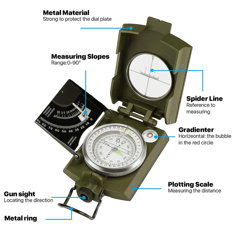 Flexzion Professional Multifunction Military Army Metal Sighting Compass Waterproof - Clinometer for Outdoor Navigation Camping Climbing Hunting Hiking Geology Adventure Travel Green - LeoForward Australia