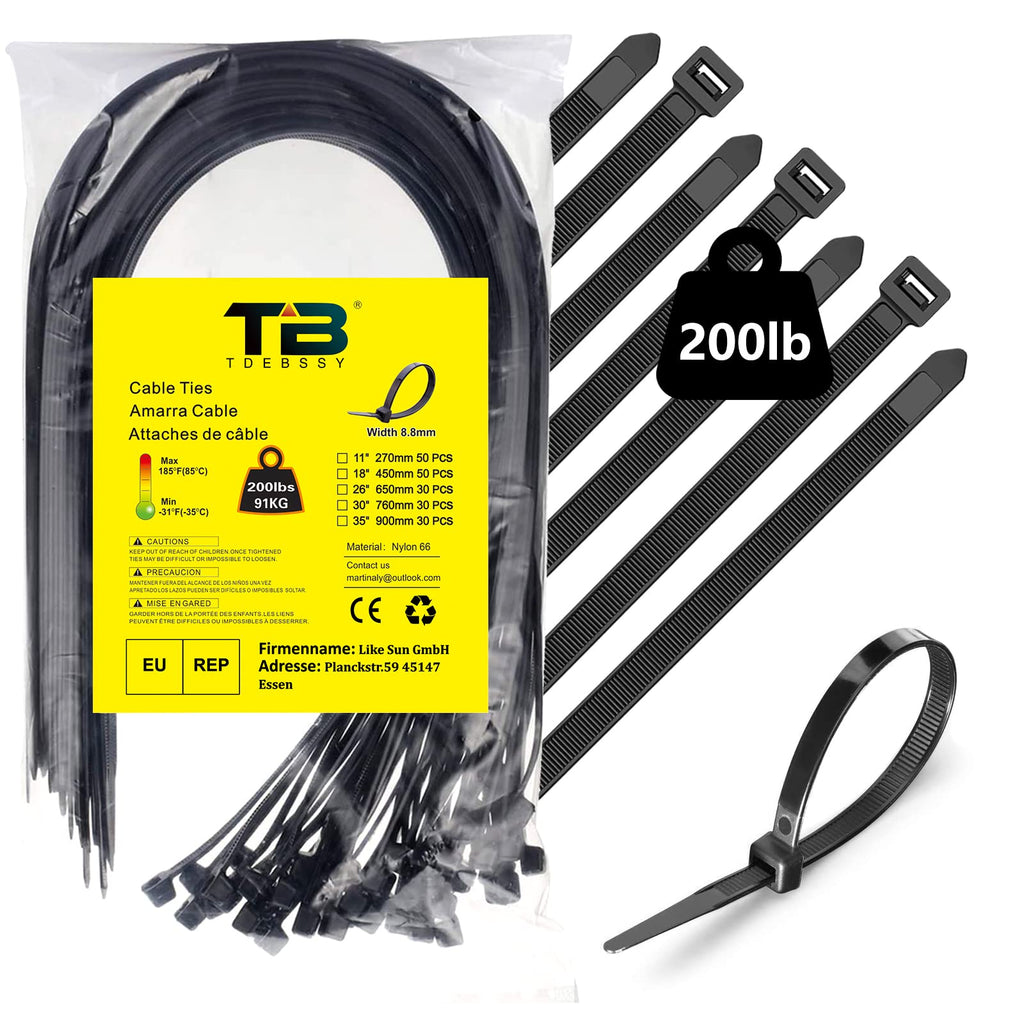  [AUSTRALIA] - Black Cable Zip Ties Heavy Duty 18 Inch, 50Pcs Plastic Wire Ties with 200lb Strength, Large Zip Ties Heavy Duty Big Cable Ties Extra Long Tie Wraps, Plastic assorted ZipTie for PC Cable Management 18 in/200 lb