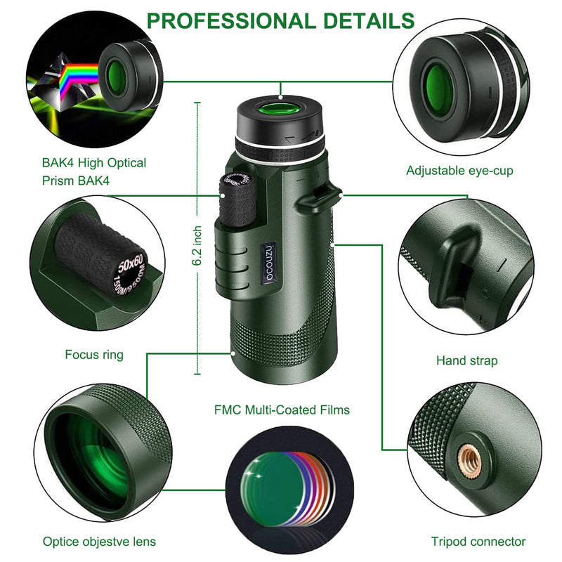  [AUSTRALIA] - 50x60 High Powered HD Monocular Telescope Low Night Vision High Magnification Binoculars for Adults with Smartphone Adapter Tripod for Long Range Bird Watching Hunting Race Cars Green