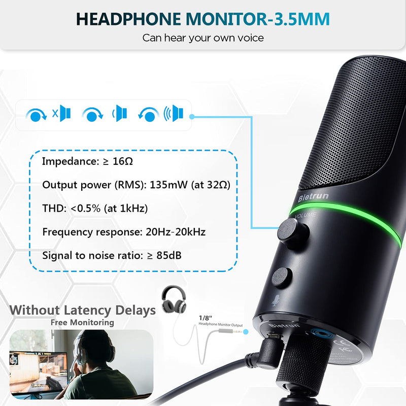  [AUSTRALIA] - USB Microphone for Computer PC with Noise Cancelling,Mute Button,Headphone Jack,LED Ring,Plug＆Play Bietrun Condenser Cardioid Mic for Mac/Windows/Desktop/Laptop/Xbox/Ps for Zoom, Podcasts, Streaming