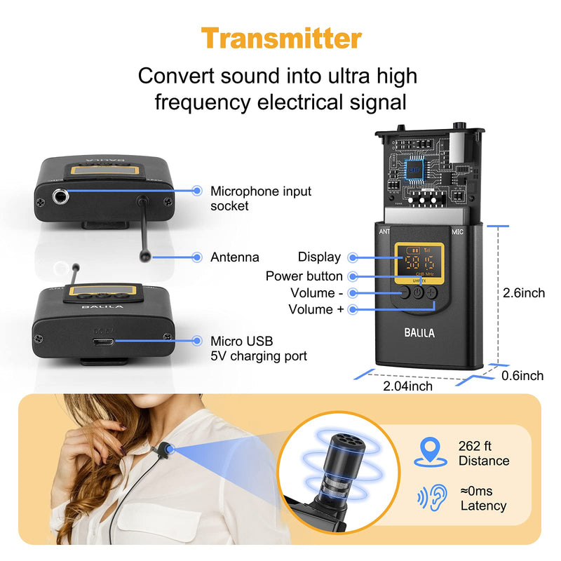  [AUSTRALIA] - Wireless Lavalier Microphone System BALILA UHF Dual Lavalier Mic Lapel Microphone for iPhone/Android, DSLR Camera Microphone Real-time Audio Monitor Recording Vlog Transmitter 1 + Receiver 1