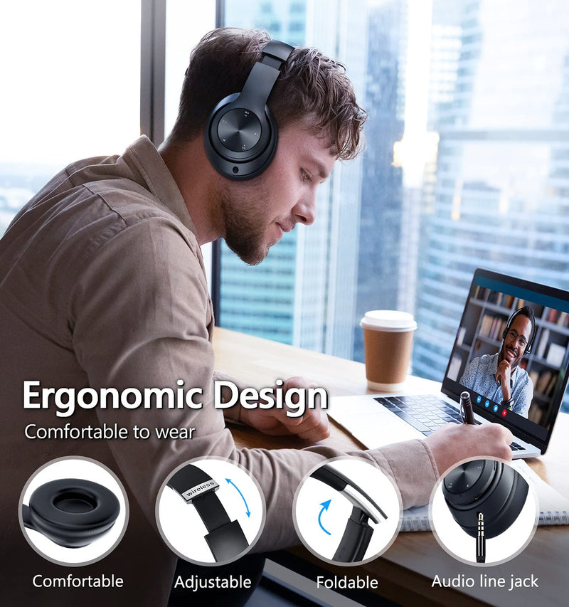  [AUSTRALIA] - Bluetooth Headphones Over-Ear, 60 Hours Playtime Foldable Lightweight Wireless Headphones Hi-Fi Stereo On-Ear with 6 EQ Modes, Bass Adjustable Headset with Microphone, FM, SD/TF for Phone/PC/TV/Home Black