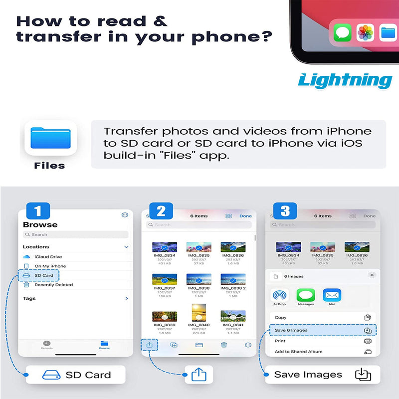 [AUSTRALIA] - Lightning to CF SD Card Reader Adapter for iPhone/iPad, 3-in-1 Compact Memory Card Reader for Trail Game Cameras, Digital Cameras, No App Required
