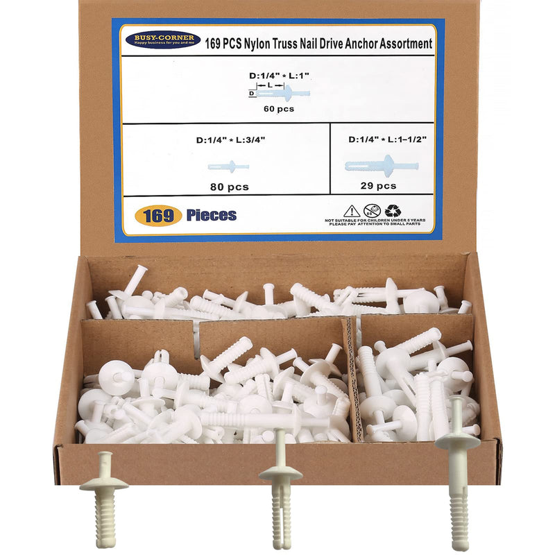  [AUSTRALIA] - Nylon Truss Nail Drive Anchor Assortment, Nylon Nail Drive Anchors, 1/4'' x 3/4'', 1/4'' x 1'', 1/4 x 1-1/2'' BUSY-CORNER 169 Pieces