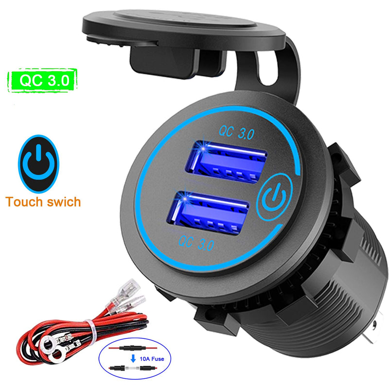  [AUSTRALIA] - Quick Charge 3.0 Dual USB Charger Socket, Qidoe Waterproof 12V USB Outlet 36W Dual QC3.0 USB Power Socket with Touch Switch DIY Car USB Port for Car Boat Marine RV Motorcycle Bus Truck Golf Cart etc Blue