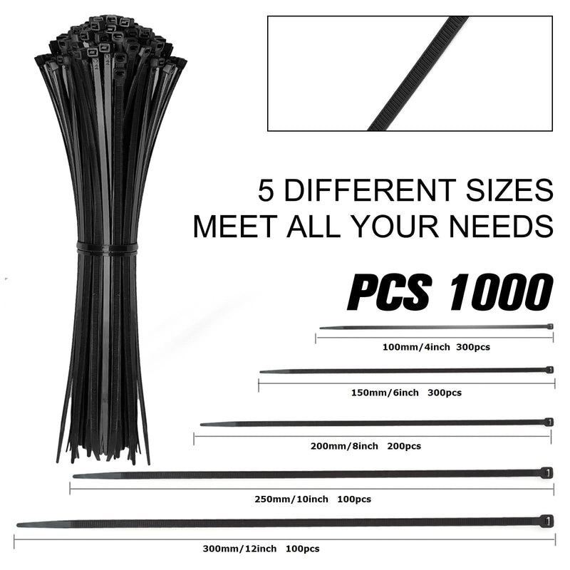  [AUSTRALIA] - Cable Zip Ties,1000 Packs Self-Locking Nylon CableTies Assorted Sizes 4+6+8+10+12-Inch,Multi-Purpose Wire Management Ties,Zip Wire Tie Perfect for Home,Garden Trellis,Office,Garage and Workshop(Black)
