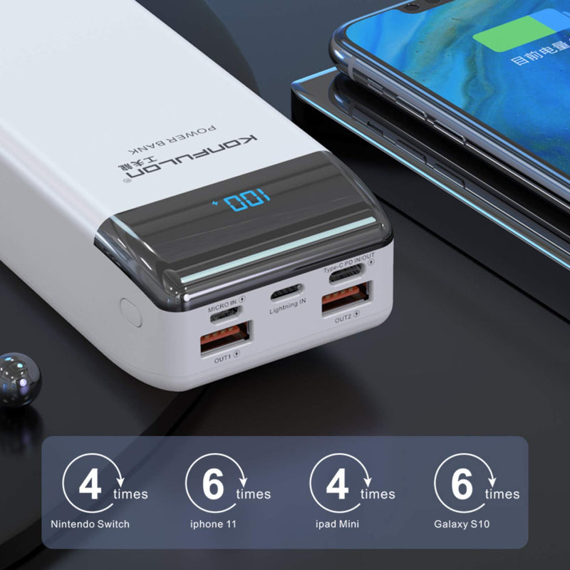 Power Bank 30000mah Portable Charger KONFULON Portable Battery Charger USB-C PD 18W Tri-Input and Tri-Output LCD Display Battery Bank for iPhone MacBook,Nintendo Switch and Pixel White - LeoForward Australia