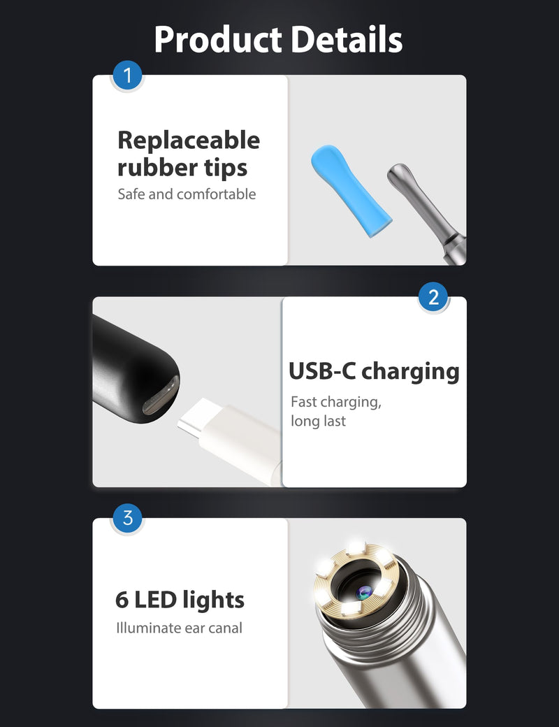  [AUSTRALIA] - Qimic Earwax Remover Otoscope, WiFi Ear Cleaner with Camera, IP67 Waterproof Ear Endoscope, 360° Wide Angle Otoscope Camera with 6 LEDs for iPhone, Android Smartphones and iPad Black