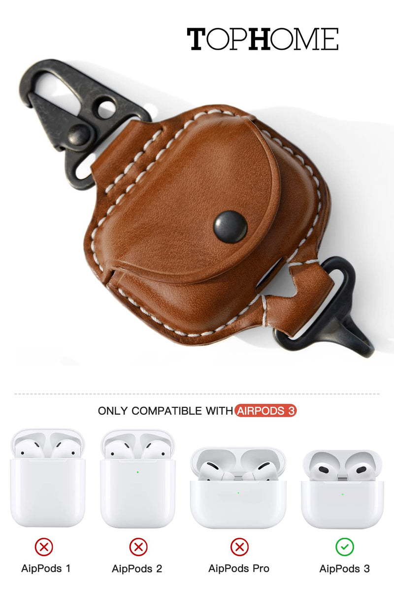  [AUSTRALIA] - TOPHOME AirPods 3 Case Cover Leather Case, Premium Genuine Leather Cover Compatible with AirPods 3rd Generation Case with Fine Copper Carabiner/Earbuds Accessories (Yellow,1 Piece) For AirPods 3 Case Brown